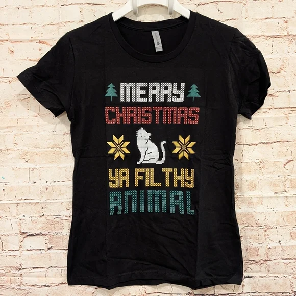 SALE NWT Merry Christmas Ya Filthy Animal Cat Graphic T-Shirt - Picture 1 of 4